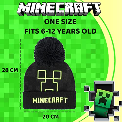 Minecraft - Children's Hat & Gloves Set - Black Woolly Hat & Gloves - Creeper Design - One Size Fits 6-12 Years - Official Merchandise