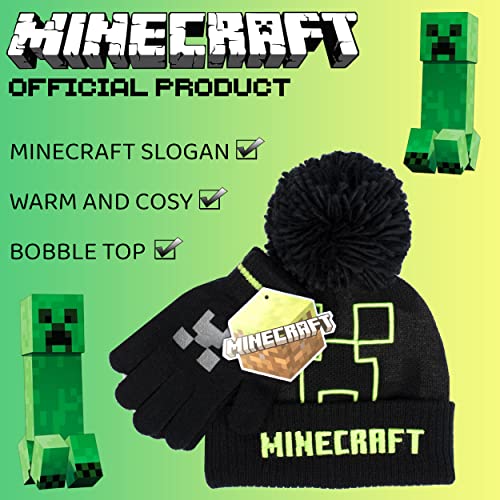 Minecraft - Children's Hat & Gloves Set - Black Woolly Hat & Gloves - Creeper Design - One Size Fits 6-12 Years - Official Merchandise