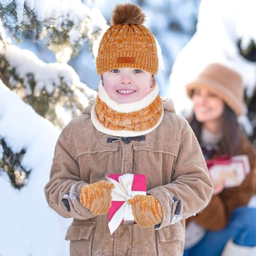 Winter Hats Gloves and Scarf Sets for Kids, Thermal Knit Crochet Thick Fluffy Toddler Cap Pom Bobble Hat Neck Warmer Girls Hat Scarf and Gloves Set for Children Outdoor Sports (Yellow)
