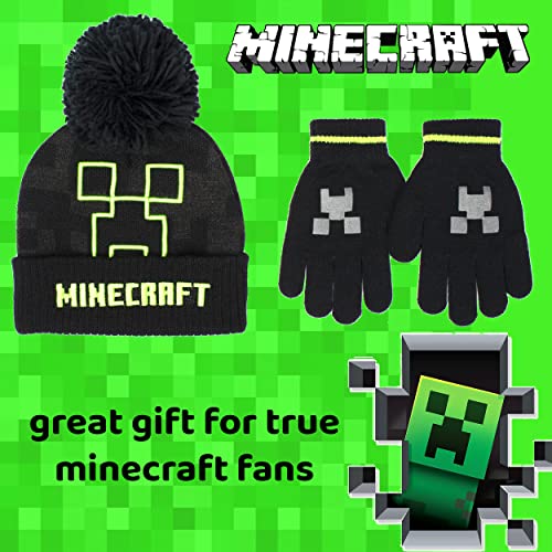Minecraft - Children's Hat & Gloves Set - Black Woolly Hat & Gloves - Creeper Design - One Size Fits 6-12 Years - Official Merchandise