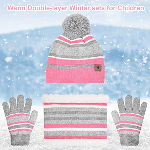 heekpek 3 Pieces Hat And Scarf Sets for kids Winter Pom Pom Hat Scarf Gloves Set for Girls Boys Warm Knitted Beanie Hats Snood Scarf and Gloves for Children, Pink, One size
