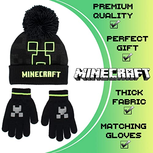 Minecraft - Children's Hat & Gloves Set - Black Woolly Hat & Gloves - Creeper Design - One Size Fits 6-12 Years - Official Merchandise