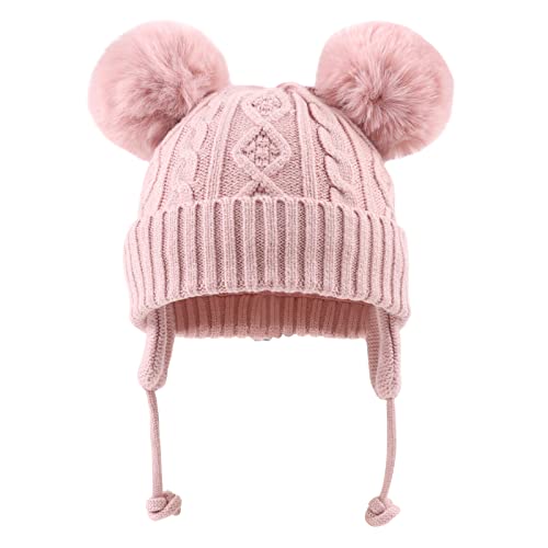 XIAOHAWANG Warm Kids Beanie Winter Knitted Baby Hat for Boys Girls Infant Toddler Toque with Pompom (M, Skin Pink Pompom)