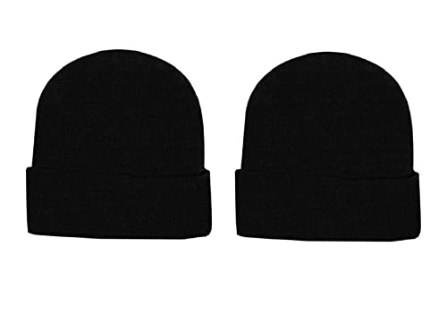 Children's Kids Girls Boys Thermal Lined Plain Black Hat Stretchy Beanie Hat 5 to 10 Yeas Approx Size for Winter Autumn (Pack of 2, Black)