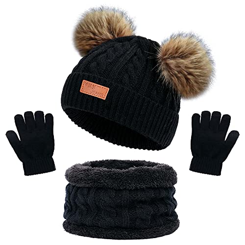 beifon Kids Winter Warm Beanie Hat Scarf Gloves Set Thermal Knit Crochet Thick Fluffy Toddler Scarf Double Pom Pom Bobble Hat with Faux Fur for Girls Boys Children Toddler Aged 3-8
