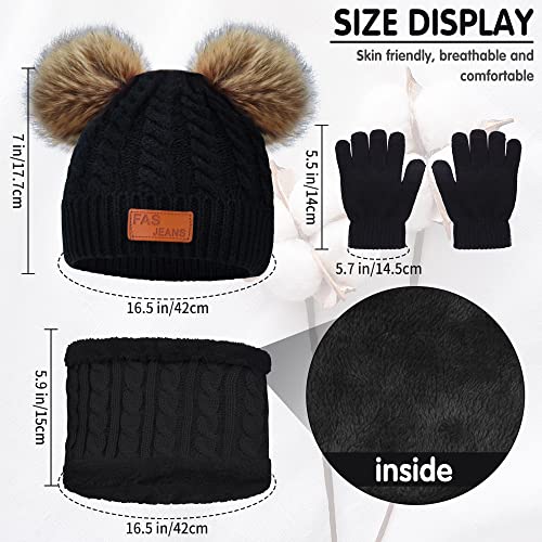 beifon Kids Winter Warm Beanie Hat Scarf Gloves Set Thermal Knit Crochet Thick Fluffy Toddler Scarf Double Pom Pom Bobble Hat with Faux Fur for Girls Boys Children Toddler Aged 3-8