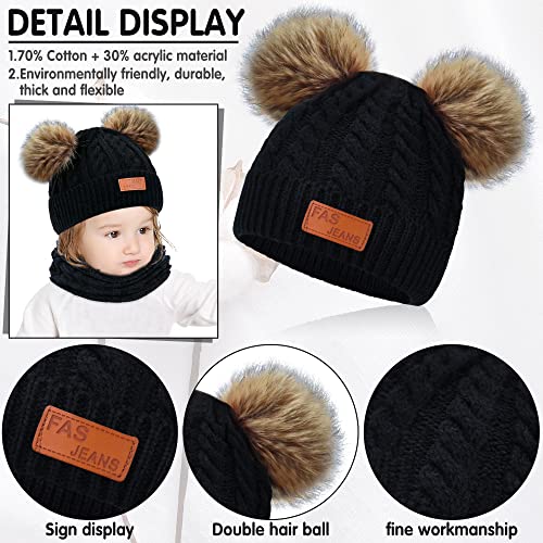 beifon Kids Winter Warm Beanie Hat Scarf Gloves Set Thermal Knit Crochet Thick Fluffy Toddler Scarf Double Pom Pom Bobble Hat with Faux Fur for Girls Boys Children Toddler Aged 3-8