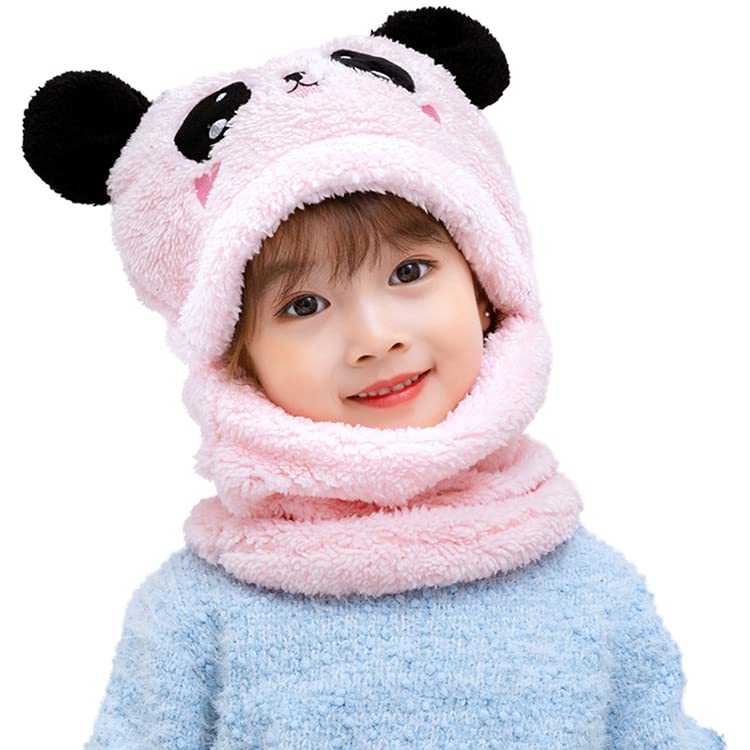 JFAN Children's Winter Hat and Scarf 2 in 1, Lovely Animal with Ears Double Plush Warm Caps Soft Beanies Hat for Kids One Size Pink