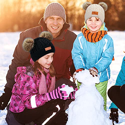 beifon Kids Winter Warm Beanie Hat Scarf Gloves Set Thermal Knit Crochet Thick Fluffy Toddler Scarf Double Pom Pom Bobble Hat with Faux Fur for Girls Boys Children Toddler Aged 3-8