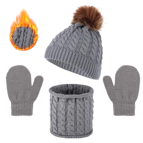 3 Pieces Kids Winter Hat Gloves Scarf Set, Warm Knitted Beanie Hat Scarf Set Kids Thick Hat Scarf and Snow Gloves Set Soft Winter Accessories Sets for Boys Girls Cold Weather 0-3 Years(Grey)
