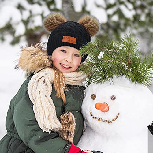 beifon Kids Winter Warm Beanie Hat Scarf Gloves Set Thermal Knit Crochet Thick Fluffy Toddler Scarf Double Pom Pom Bobble Hat with Faux Fur for Girls Boys Children Toddler Aged 3-8