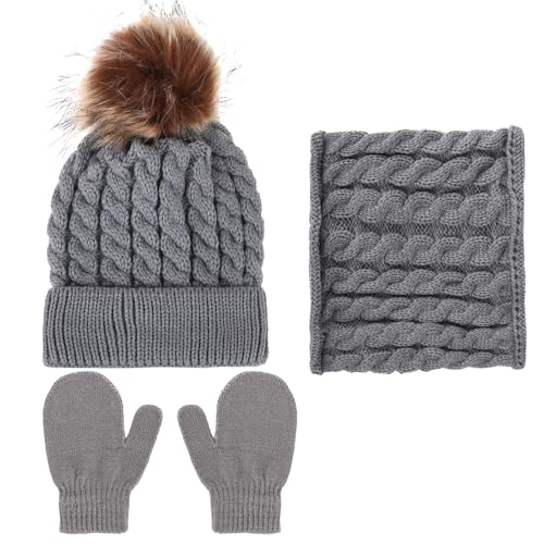 3 Pieces Kids Winter Hat Gloves Scarf Set, Warm Knitted Beanie Hat Scarf Set Kids Thick Hat Scarf and Snow Gloves Set Soft Winter Accessories Sets for Boys Girls Cold Weather 0-3 Years(Grey)