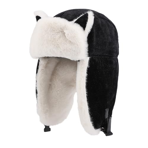ITODA Unisex Kids Teens Trapper Hat Warm Winter Hat Earflap Hats Faux Fur Russian Trooper Hat Boys Girls Corduroy Windproof Snow Ski Snowboarding Cycling Hat with Ear Flap for Children Age 5-12 Black