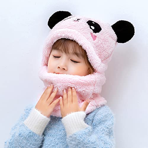 JFAN Children's Winter Hat and Scarf 2 in 1, Lovely Animal with Ears Double Plush Warm Caps Soft Beanies Hat for Kids One Size Pink