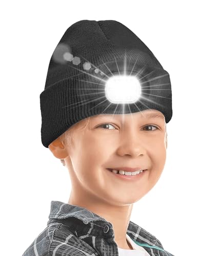 Hat With Torch, 6 LEDs Children LED Beanie Hat with Light Rechargeable, Bright Kids Hat with Torch Built In for Warm Gift, Knitted Winter Hat Running Light for Boys Girls Christmas New Year Black