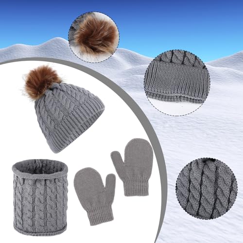 3 Pieces Kids Winter Hat Gloves Scarf Set, Warm Knitted Beanie Hat Scarf Set Kids Thick Hat Scarf and Snow Gloves Set Soft Winter Accessories Sets for Boys Girls Cold Weather 0-3 Years(Grey)