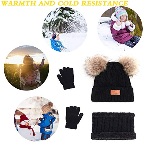 beifon Kids Winter Warm Beanie Hat Scarf Gloves Set Thermal Knit Crochet Thick Fluffy Toddler Scarf Double Pom Pom Bobble Hat with Faux Fur for Girls Boys Children Toddler Aged 3-8