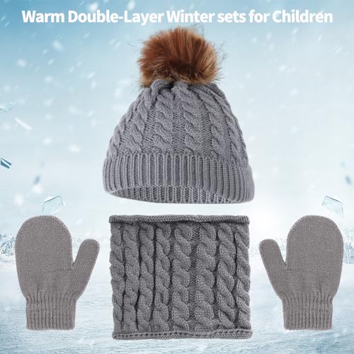 3 Pieces Kids Winter Hat Gloves Scarf Set, Warm Knitted Beanie Hat Scarf Set Kids Thick Hat Scarf and Snow Gloves Set Soft Winter Accessories Sets for Boys Girls Cold Weather 0-3 Years(Grey)