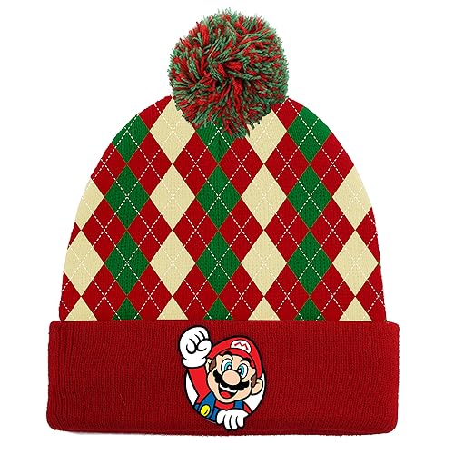 PADIEOE Mario Beanies Hat Embroidery Knitted Hat with Pom Pom for Children Mario Hat Soft Winter Daily Fisherman Beanie Knitted Cap Gifts for 4-8 Kid Boys Girls (Red Plaid)