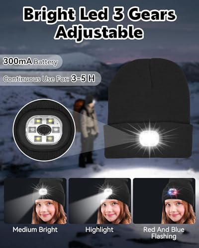 Hat With Torch, 6 LEDs Children LED Beanie Hat with Light Rechargeable, Bright Kids Hat with Torch Built In for Warm Gift, Knitted Winter Hat Running Light for Boys Girls Christmas New Year Black