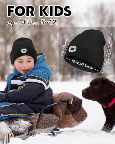 Hat With Torch, 6 LEDs Children LED Beanie Hat with Light Rechargeable, Bright Kids Hat with Torch Built In for Warm Gift, Knitted Winter Hat Running Light for Boys Girls Christmas New Year Black
