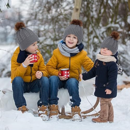 3 Pieces Kids Winter Hat Gloves Scarf Set, Warm Knitted Beanie Hat Scarf Set Kids Thick Hat Scarf and Snow Gloves Set Soft Winter Accessories Sets for Boys Girls Cold Weather 0-3 Years(Grey)
