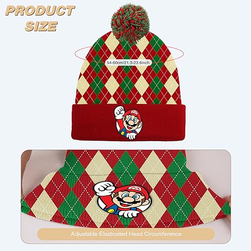 PADIEOE Mario Beanies Hat Embroidery Knitted Hat with Pom Pom for Children Mario Hat Soft Winter Daily Fisherman Beanie Knitted Cap Gifts for 4-8 Kid Boys Girls (Red Plaid)