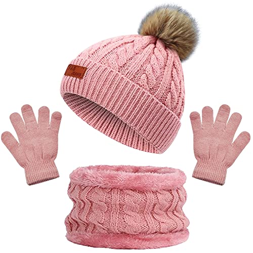 beifon Kids Winter Warm Beanie Hat Scarf Gloves Set Thermal Knit Crochet Thick Fluffy Toddler Cap Pom Pom Bobble Hat with Faux Fur for Girls Boys Children Aged 3-8