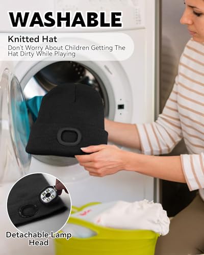 Hat With Torch, 6 LEDs Children LED Beanie Hat with Light Rechargeable, Bright Kids Hat with Torch Built In for Warm Gift, Knitted Winter Hat Running Light for Boys Girls Christmas New Year Black