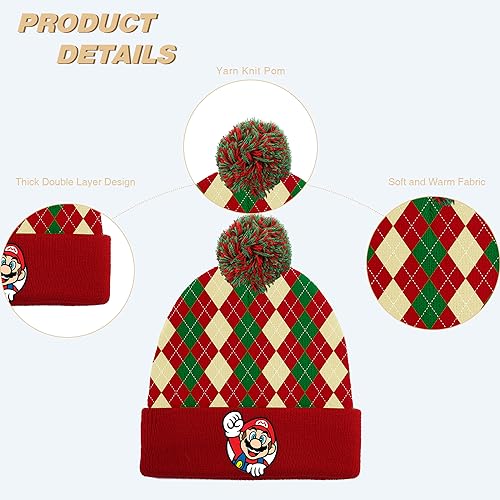 PADIEOE Mario Beanies Hat Embroidery Knitted Hat with Pom Pom for Children Mario Hat Soft Winter Daily Fisherman Beanie Knitted Cap Gifts for 4-8 Kid Boys Girls (Red Plaid)