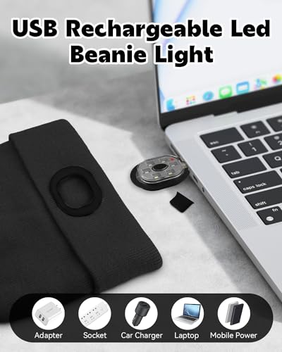 Hat With Torch, 6 LEDs Children LED Beanie Hat with Light Rechargeable, Bright Kids Hat with Torch Built In for Warm Gift, Knitted Winter Hat Running Light for Boys Girls Christmas New Year Black