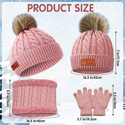 beifon Kids Winter Warm Beanie Hat Scarf Gloves Set Thermal Knit Crochet Thick Fluffy Toddler Cap Pom Pom Bobble Hat with Faux Fur for Girls Boys Children Aged 3-8