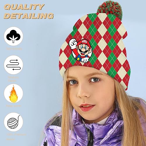 PADIEOE Mario Beanies Hat Embroidery Knitted Hat with Pom Pom for Children Mario Hat Soft Winter Daily Fisherman Beanie Knitted Cap Gifts for 4-8 Kid Boys Girls (Red Plaid)