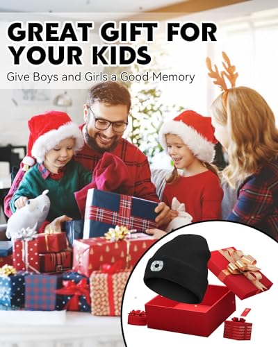 Hat With Torch, 6 LEDs Children LED Beanie Hat with Light Rechargeable, Bright Kids Hat with Torch Built In for Warm Gift, Knitted Winter Hat Running Light for Boys Girls Christmas New Year Black