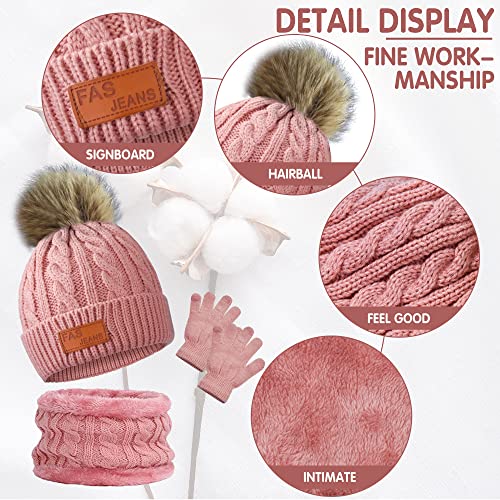 beifon Kids Winter Warm Beanie Hat Scarf Gloves Set Thermal Knit Crochet Thick Fluffy Toddler Cap Pom Pom Bobble Hat with Faux Fur for Girls Boys Children Aged 3-8