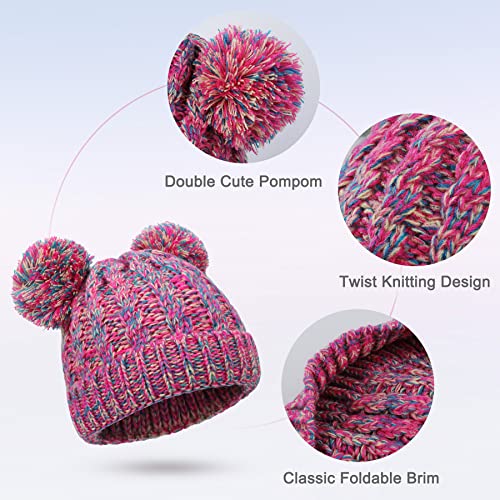 Baby Girls Bobble Hat - Toddler Winter Beanie Hats Kids Warm Knitted Beanies Double Pom Pom Hats Bonnet Cap for Children Boys Girls 1-6Y