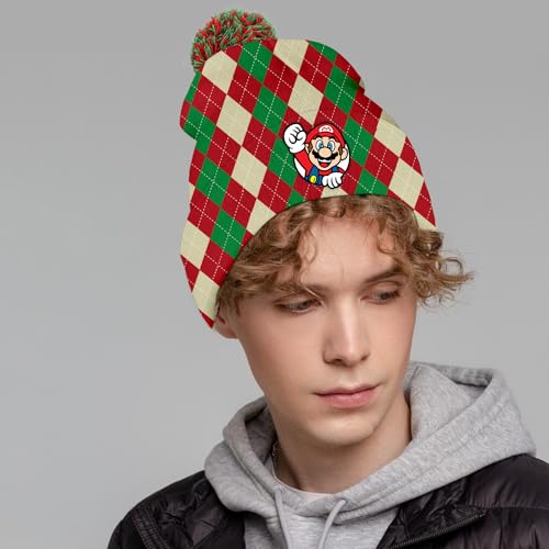 PADIEOE Mario Beanies Hat Embroidery Knitted Hat with Pom Pom for Children Mario Hat Soft Winter Daily Fisherman Beanie Knitted Cap Gifts for 4-8 Kid Boys Girls (Red Plaid)