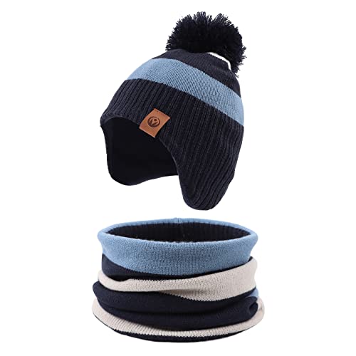XIAOHAWANG Striped Winter Baby Beanie Knitted Hat Boys Girls Toddler Kids Warm Children Classic Beanie Hats (Sky Blue(Hat+Scarf), M)