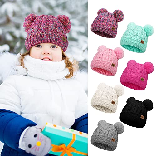 Baby Girls Bobble Hat - Toddler Winter Beanie Hats Kids Warm Knitted Beanies Double Pom Pom Hats Bonnet Cap for Children Boys Girls 1-6Y