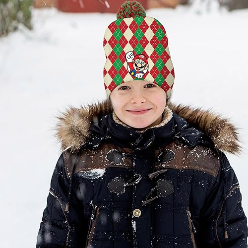 PADIEOE Mario Beanies Hat Embroidery Knitted Hat with Pom Pom for Children Mario Hat Soft Winter Daily Fisherman Beanie Knitted Cap Gifts for 4-8 Kid Boys Girls (Red Plaid)