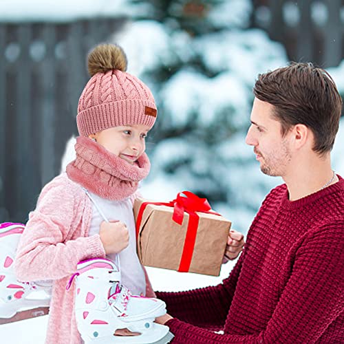 beifon Kids Winter Warm Beanie Hat Scarf Gloves Set Thermal Knit Crochet Thick Fluffy Toddler Cap Pom Pom Bobble Hat with Faux Fur for Girls Boys Children Aged 3-8