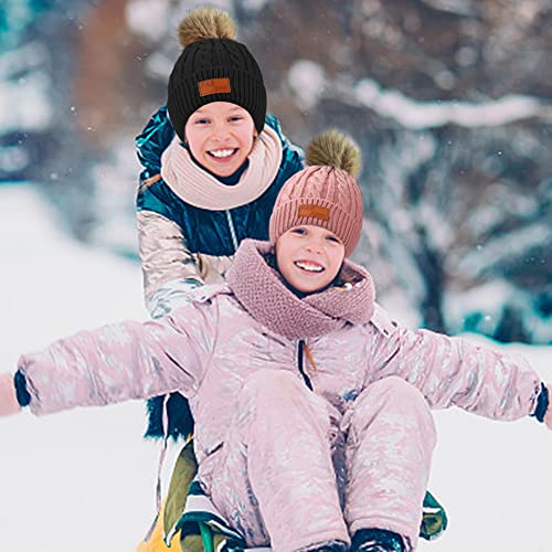 beifon Kids Winter Warm Beanie Hat Scarf Gloves Set Thermal Knit Crochet Thick Fluffy Toddler Cap Pom Pom Bobble Hat with Faux Fur for Girls Boys Children Aged 3-8