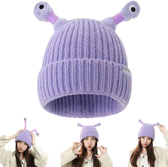Heyzeibo Winter Parent-Child Cute Glowing Little Monster Knit Hat, Funny Glowing Monster Knitted Winter Beanie Hat (Cotton, Purple)