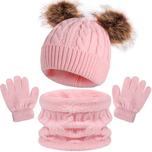 Kids Winter Hat Scarf Gloves Set,Warm Soft Thick Warm Fleece Lining Hat Beanie Sets for Girls Boys Children Aged 3-8