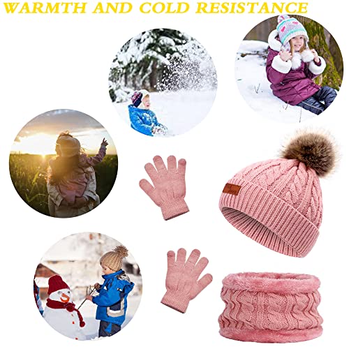 beifon Kids Winter Warm Beanie Hat Scarf Gloves Set Thermal Knit Crochet Thick Fluffy Toddler Cap Pom Pom Bobble Hat with Faux Fur for Girls Boys Children Aged 3-8