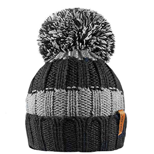 RockJock R80 Kids Girls Boys Ribbed Striped Thermal Insulating Bobble Hat with Cosy Fleece Lining Black/Grey