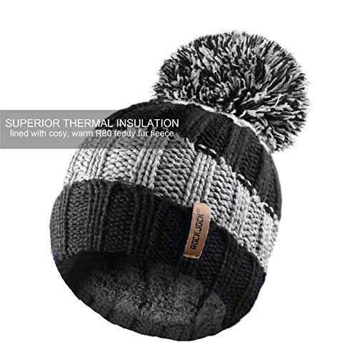 RockJock R80 Kids Girls Boys Ribbed Striped Thermal Insulating Bobble Hat with Cosy Fleece Lining Black/Grey