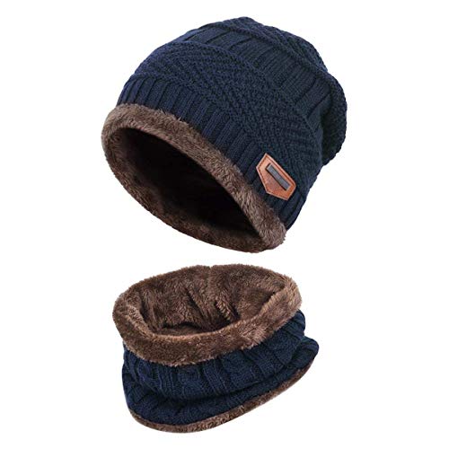 HIDARLING Children's Warm Knitted Hat and Tubular Scarf with Wool Lining, 2 Pieces, Armada, M