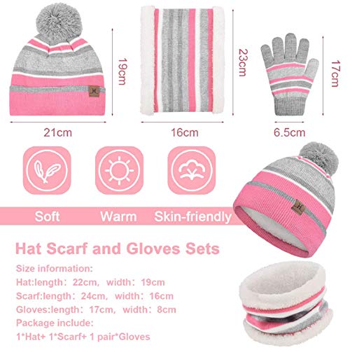 Yuson Girl 3 Pcs Kids Winter Stripe Knitted Bobble Beanie Hat Snood Scarf Gloves Set with Thick Fleece Lining Cotton Thermal Knit Pom Pom Hat Cap Neck Warmer for Children Outdoor Boy Girl