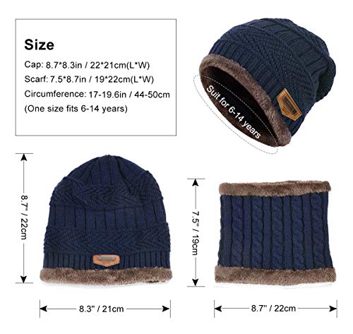 HIDARLING Children's Warm Knitted Hat and Tubular Scarf with Wool Lining, 2 Pieces, Armada, M